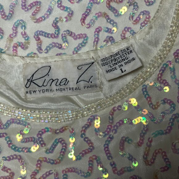 Vintage 90s Y2K 100% Silk White Going Out Top Sequins. Large. Bachelorette Fairy - Picture 9 of 10